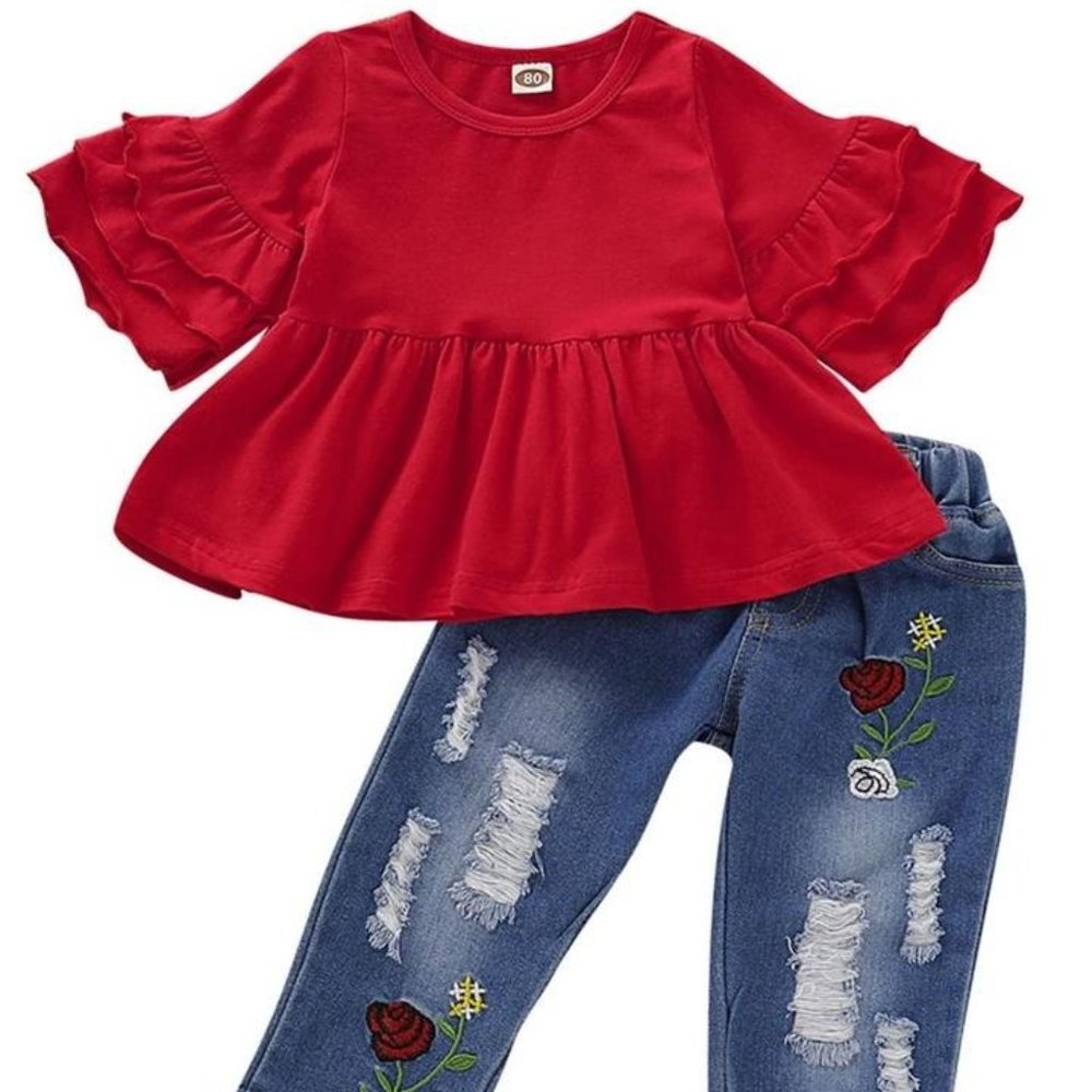 STYLISH TUNIC WITH FLOWER RIPPED JEANS